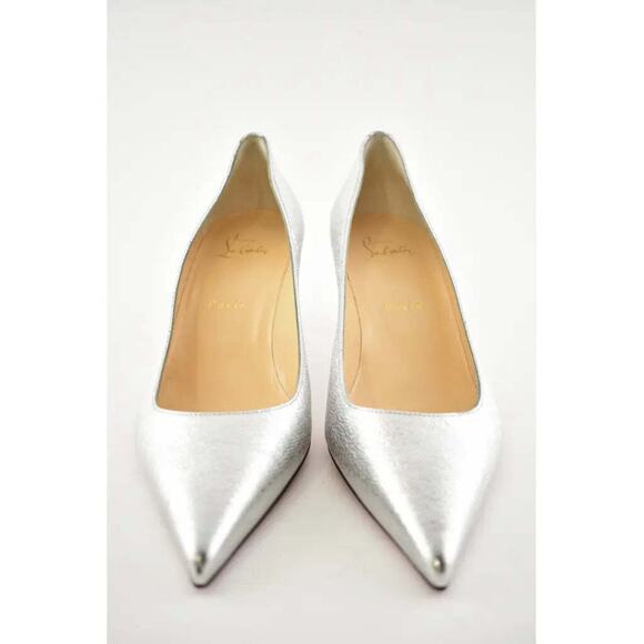 Christian Louboutin Kate 55 Silver Calf Lame Tweed Kitten Low Heel Pump Shoe 37 - Picture 3 of 9